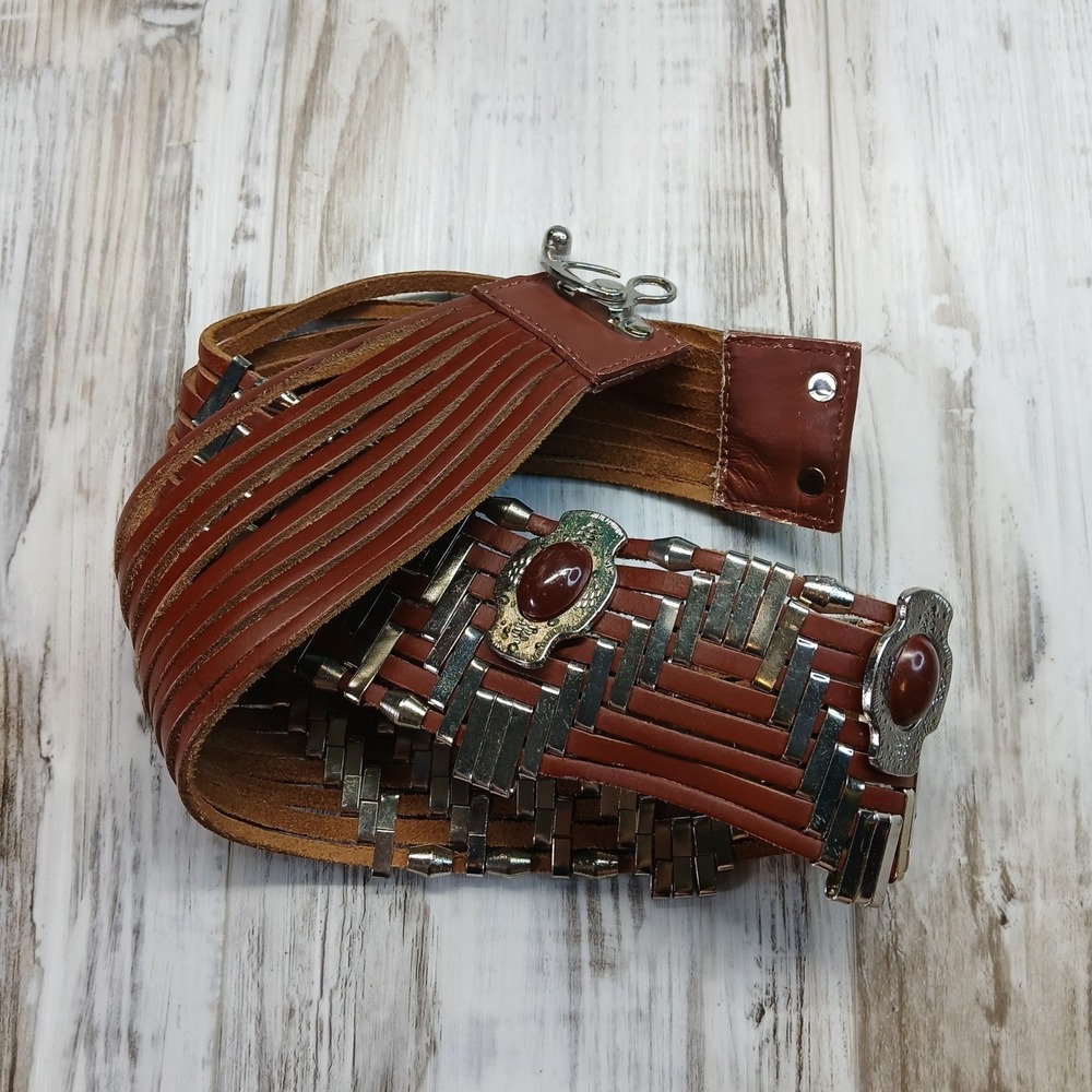 Free People Brown Leather Multi Strand Western Boho Waist Belt Silver Medallion - Picture 5 of 7